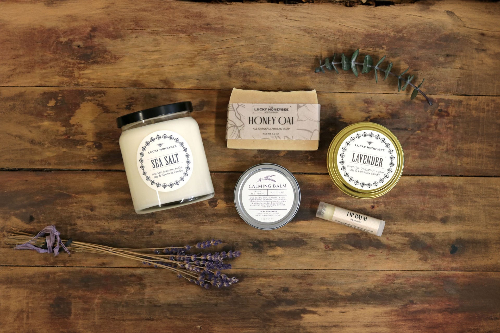 aCandles, Soap, made by Lucky Honeybee in Jersey City New Jersey.
